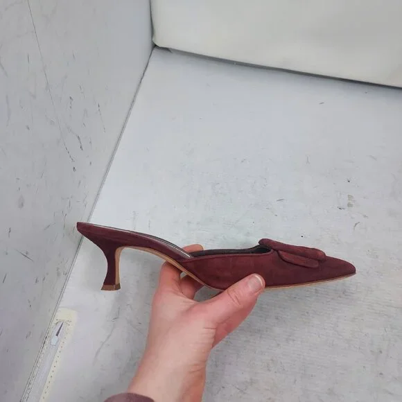 Manolo Blahnik Burgundy Suede Maysale Mules - Picture 6 of 11